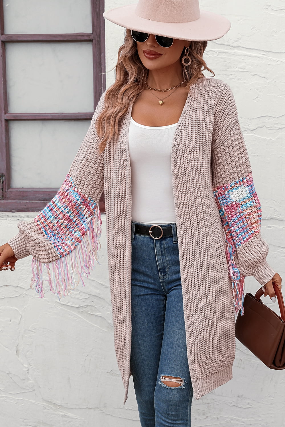 Fringe Sleeve Dropped Shoulder Cardigan Sweater