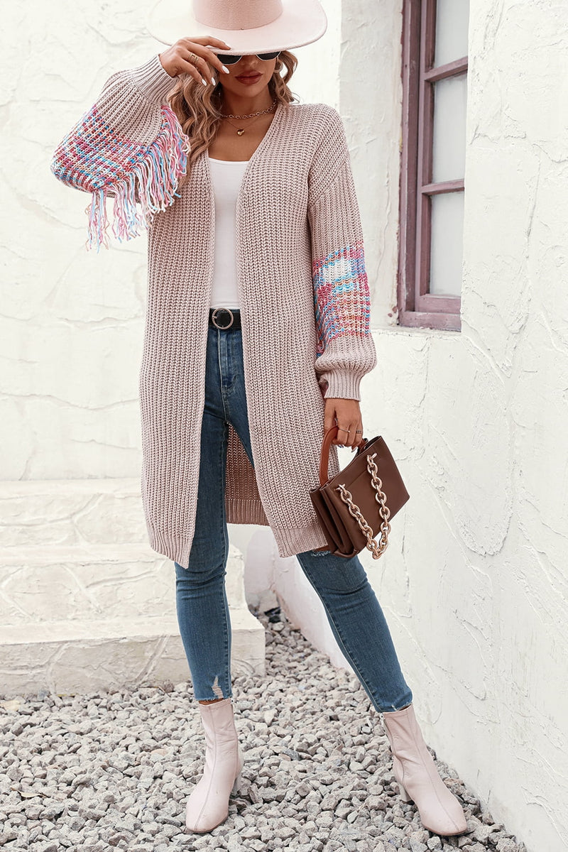 Fringe Sleeve Dropped Shoulder Cardigan Sweater