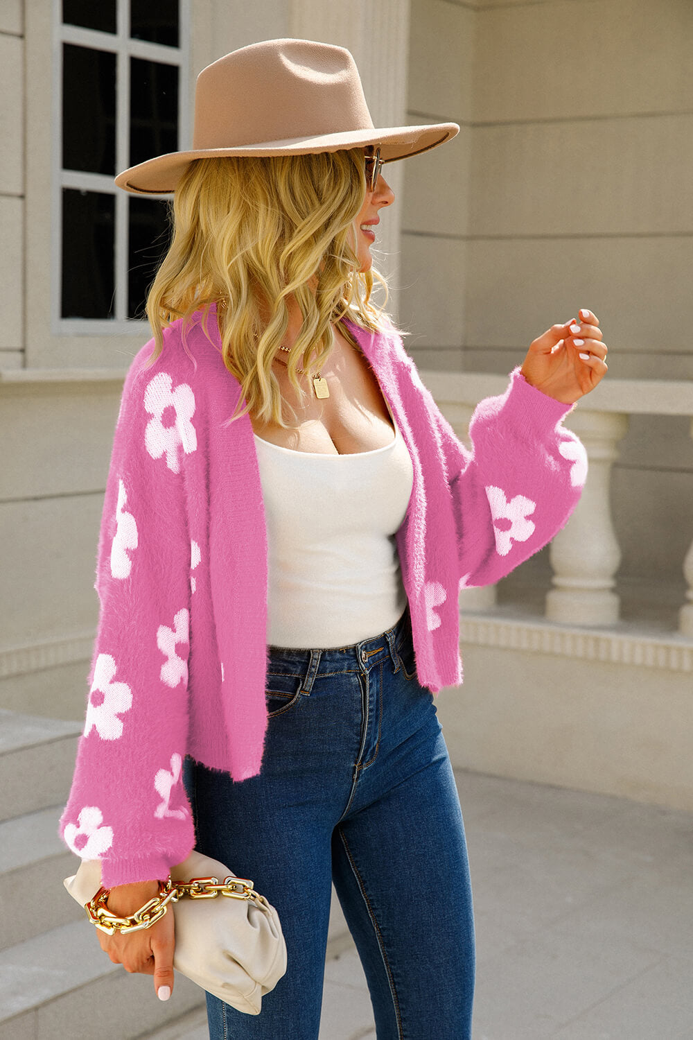 Floral Open Front Fuzzy Cardigan Sweater