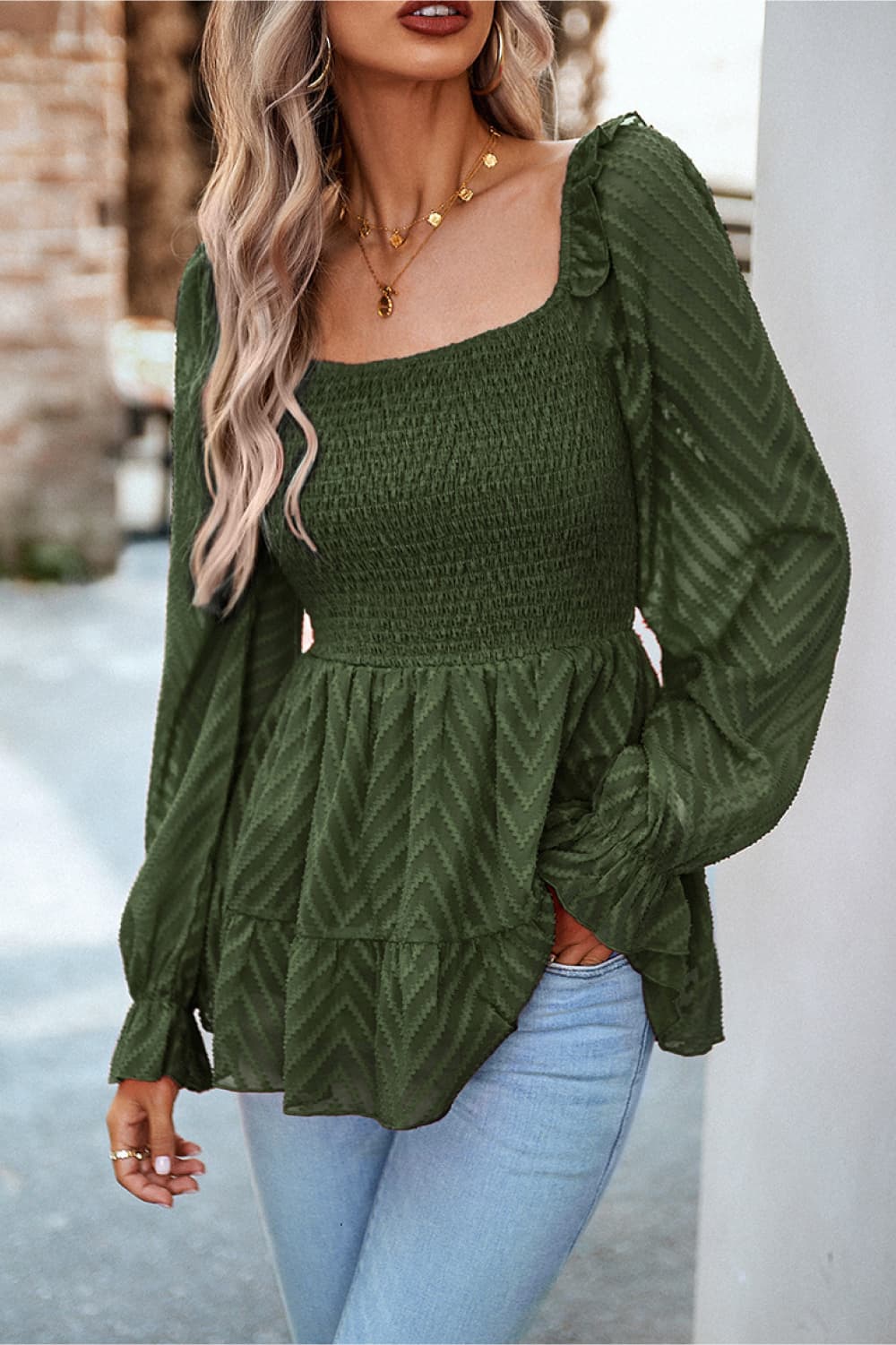 Square Neck Flounce Sleeve Peplum Long Sleeve Top