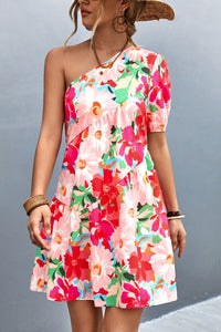 Floral One-Shoulder Puff Sleeve Mini Dress