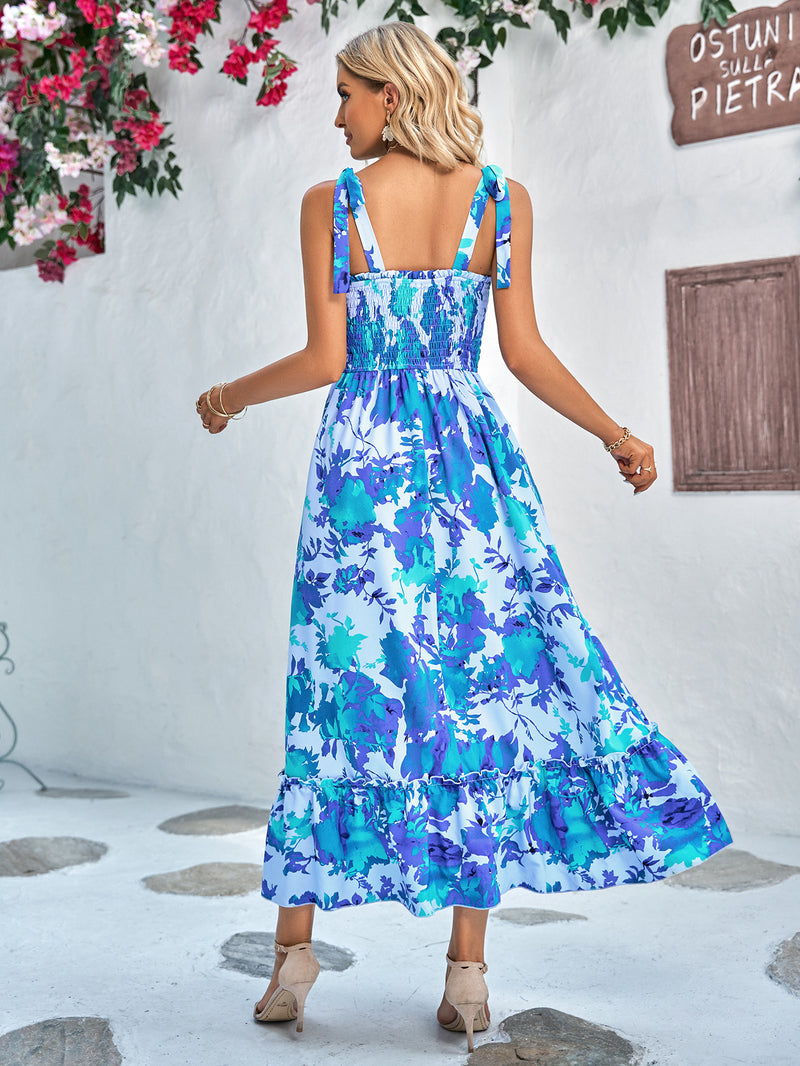 Floral Tie-Shoulder Frill Trim Smocked Maxi Dress