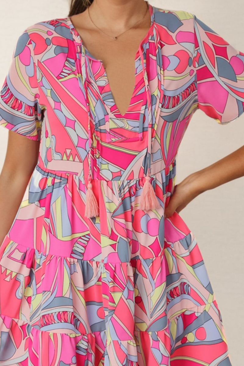 Multicolored Tie Neck Short Sleeve Tiered Mini Dress