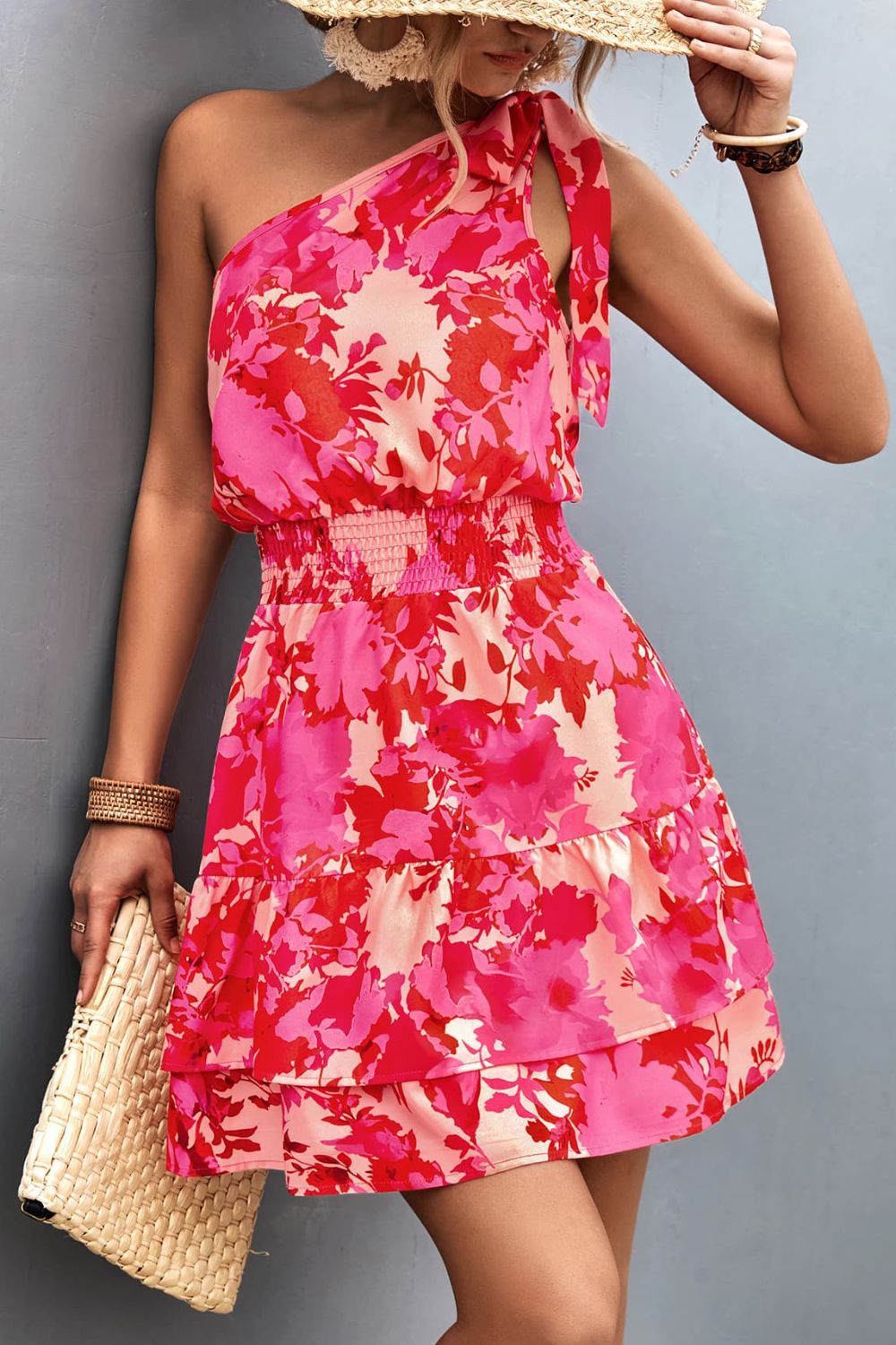 Floral Smocked Waist Tied One-Shoulder Mini Dress