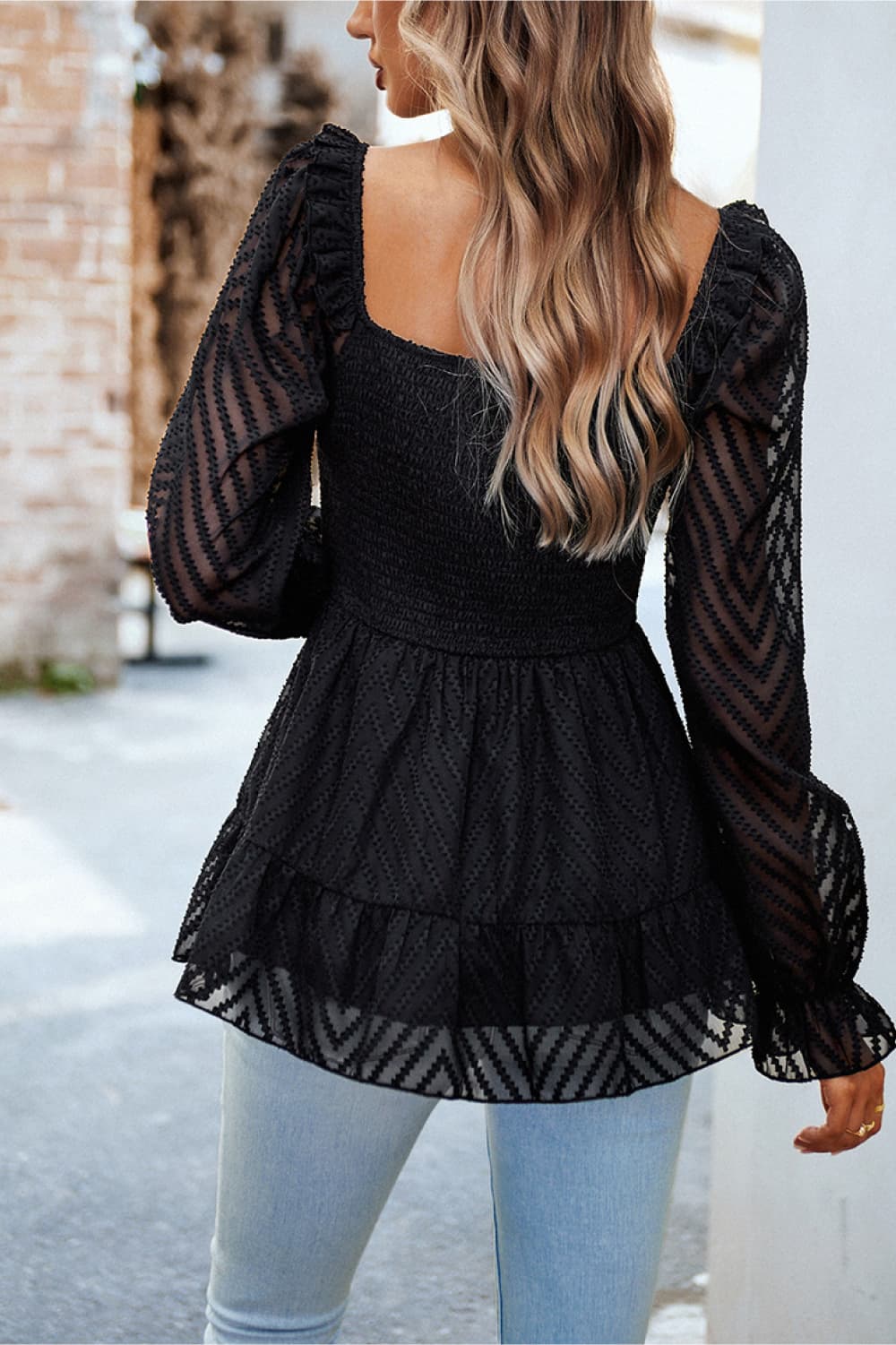 Square Neck Flounce Sleeve Peplum Long Sleeve Top