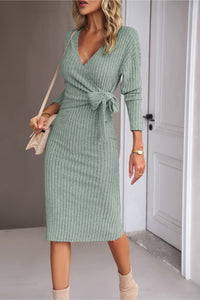 Surplice Neck Tied Ribbed Midi Dress