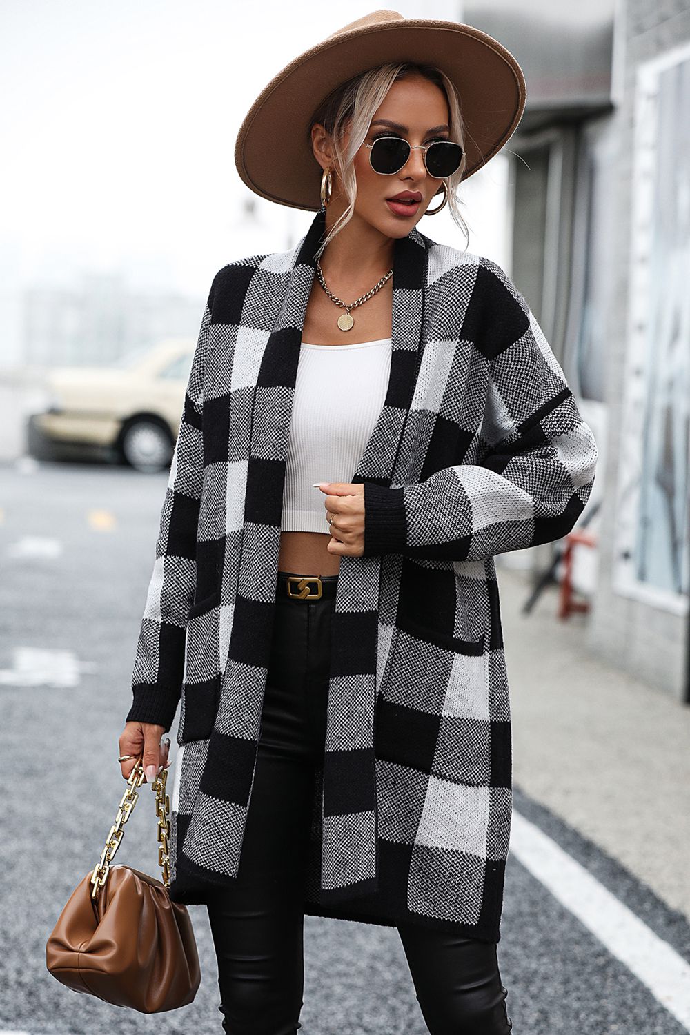 Plaid Dropped Shoulder Sweater Cardigan with Pocket