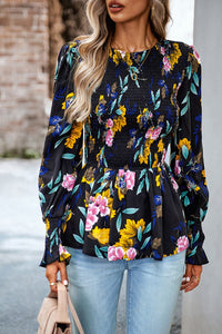 Round Neck Flounce Sleeve Peplum Long Sleeve Top