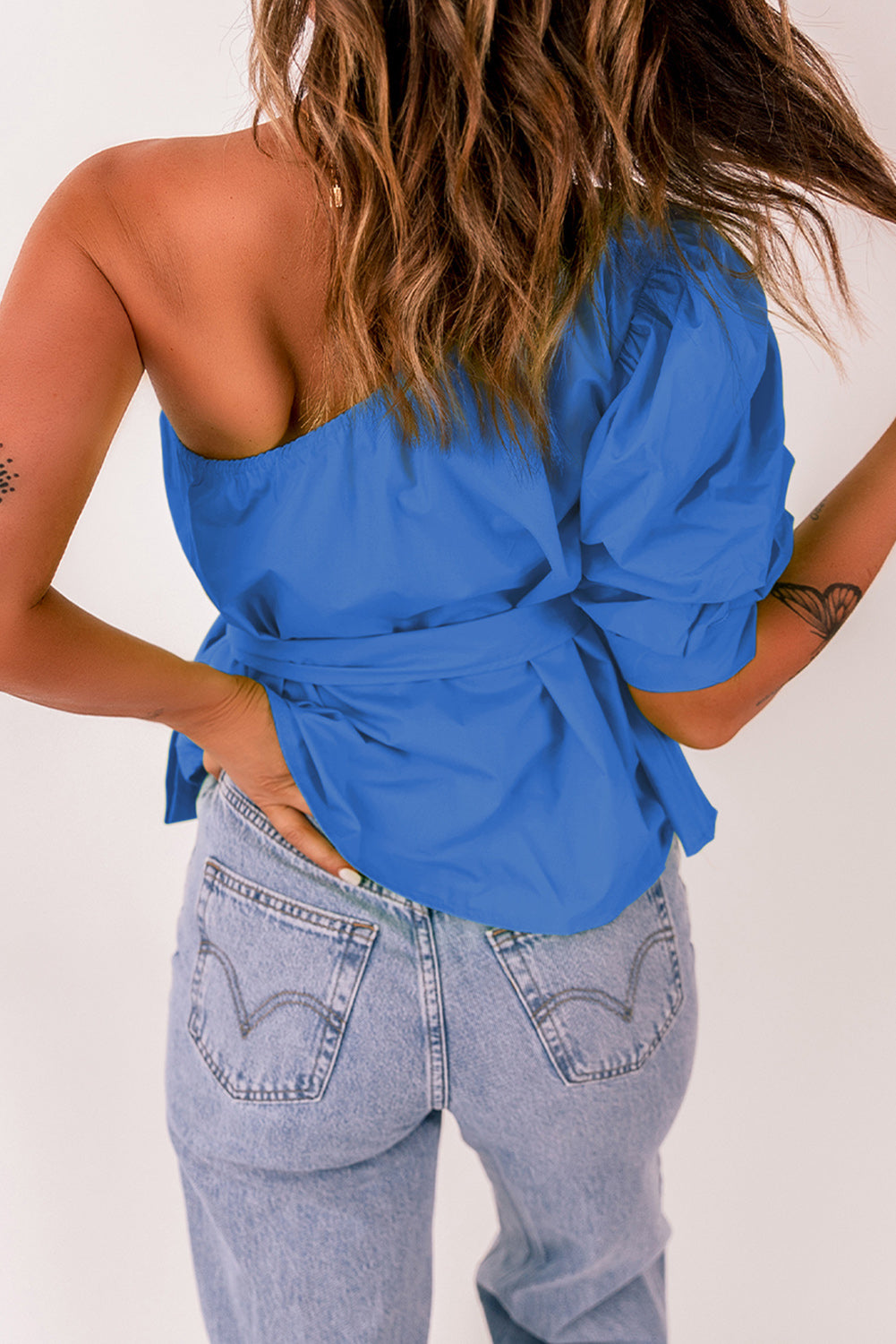 Tied Puff Sleeve One-Shoulder Sleeveless Top