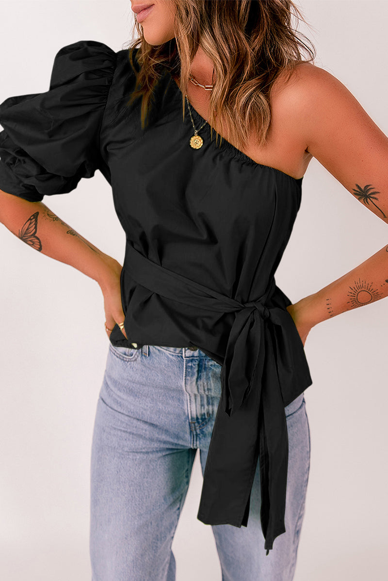 Tied Puff Sleeve One-Shoulder Sleeveless Top