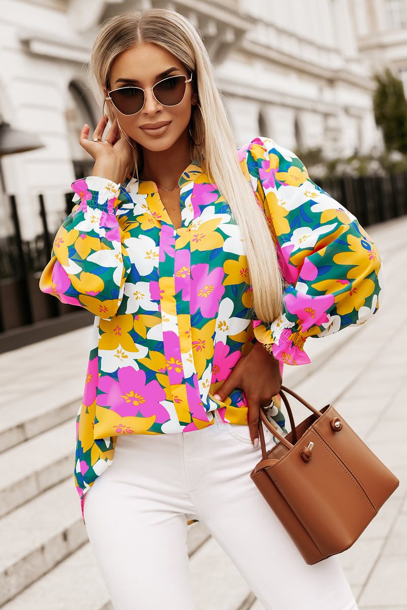 Floral Print Notched Neck Lantern Long Sleeve Blouse