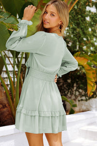 Tied Plunge Smocked Waist Flounce Sleeve Mini Dress