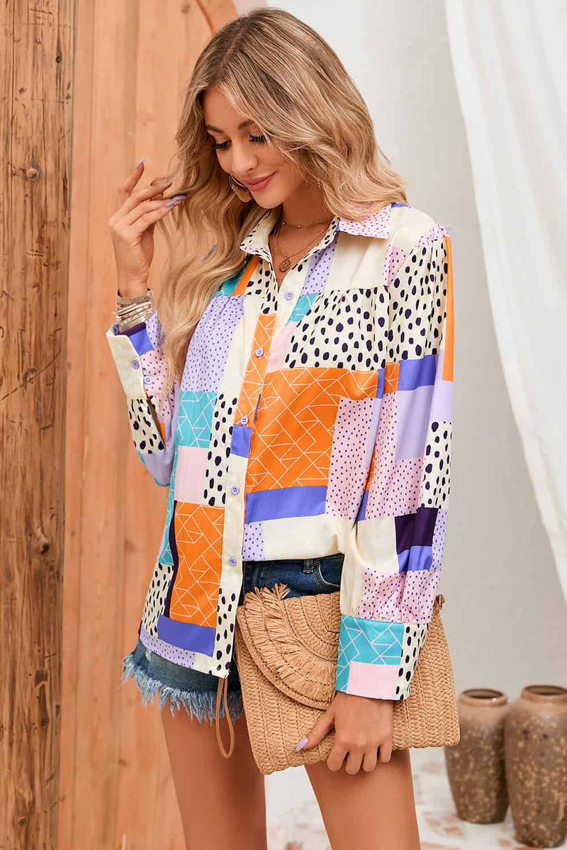 Double Take Patchwork Puff Long Sleeve Collared Shirt