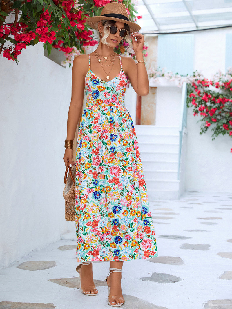 Floral Crisscross Backless Split Maxi Dress