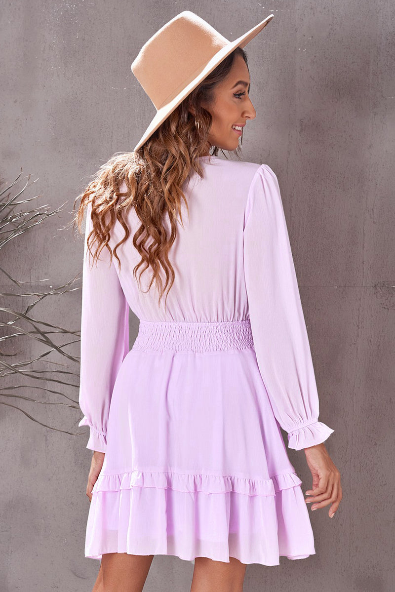 Tied Plunge Smocked Waist Flounce Sleeve Mini Dress