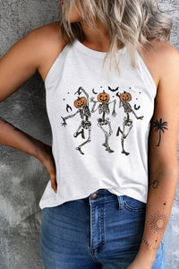 Round Neck Dancing Pumpkin Head Skeleton Graphic Tank