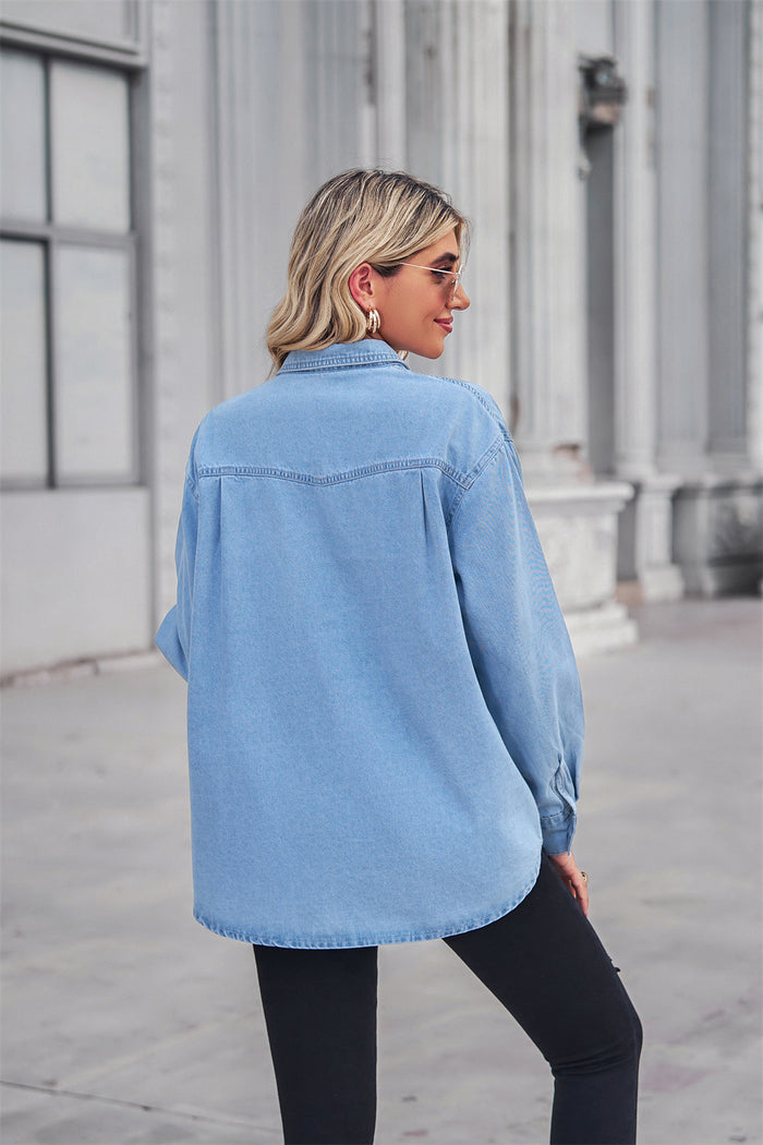 Collared Neck Dropped Shoulder Denim Long sleeve Top