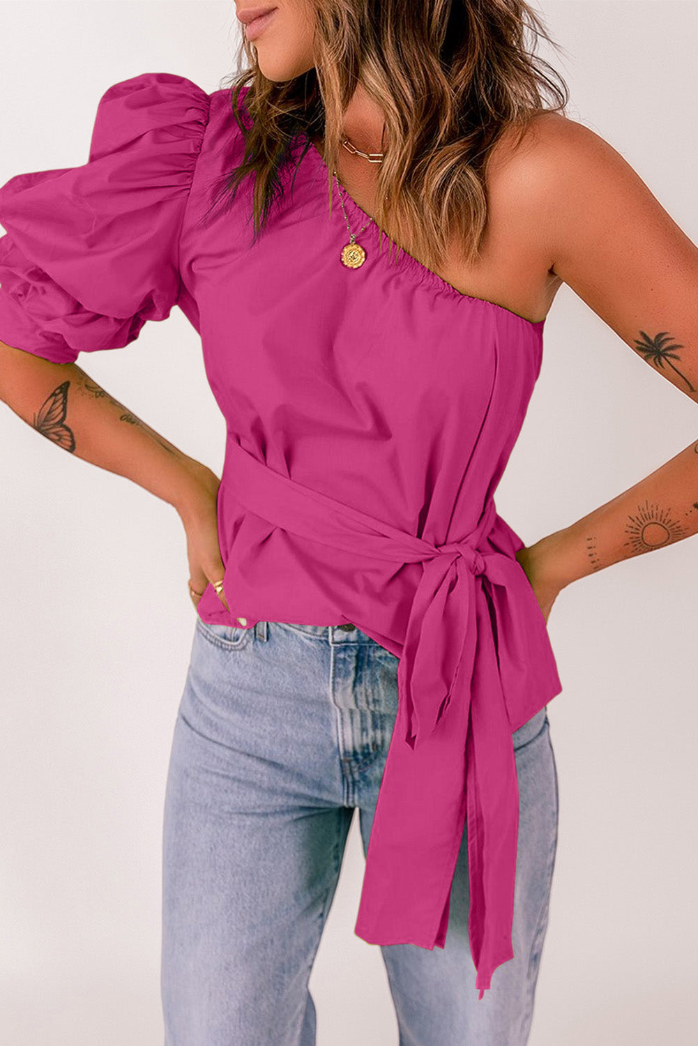 Tied Puff Sleeve One-Shoulder Sleeveless Top