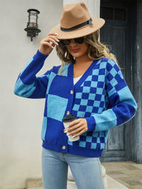 Plaid V-Neck Dropped Shoulder Cardigan Sweater