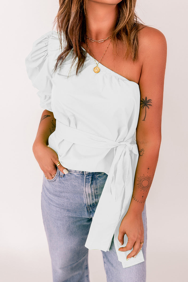 Tied Puff Sleeve One-Shoulder Sleeveless Top