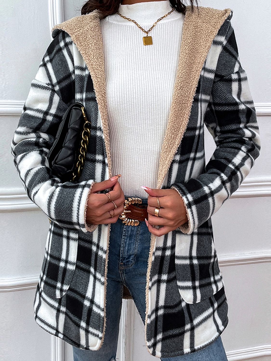 Plaid Hooded Longline Coat Jacket