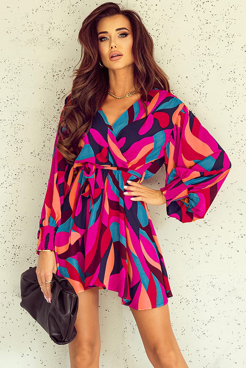 Printed Surplice Neck Tie Waist Mini Dress