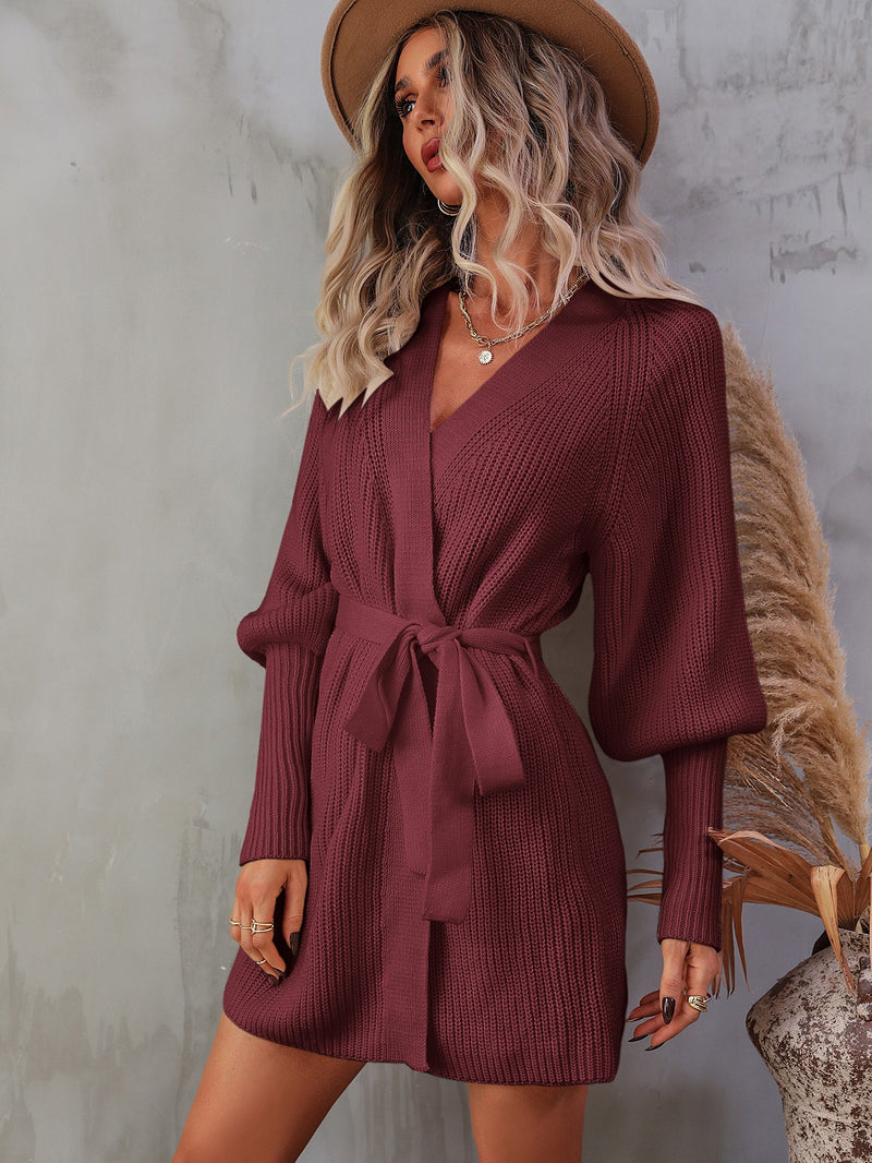 Belted Surplice Lantern Sleeve Wrap Sweater Mini Dress