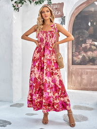 Floral Tie-Shoulder Frill Trim Smocked Maxi Dress