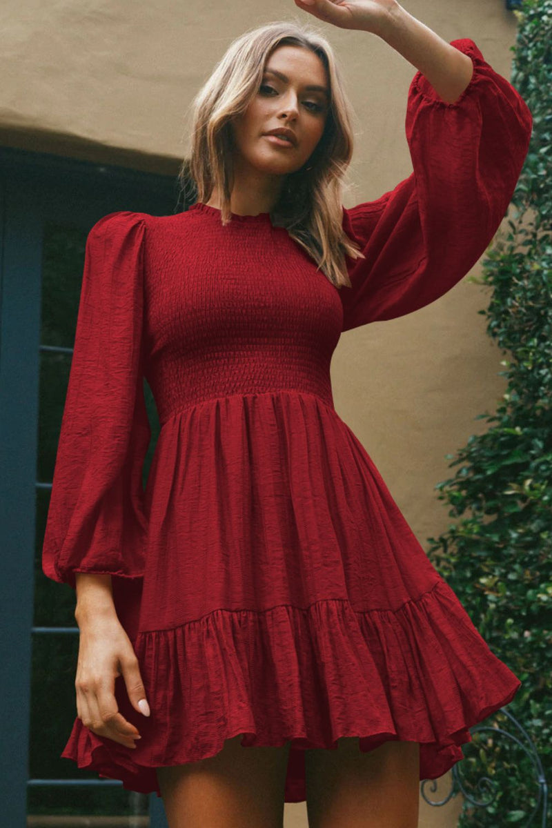 Smocked Balloon Sleeve Ruffle Hem Mini Dress