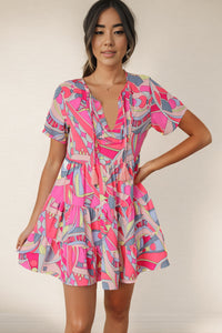 Multicolored Tie Neck Short Sleeve Tiered Mini Dress