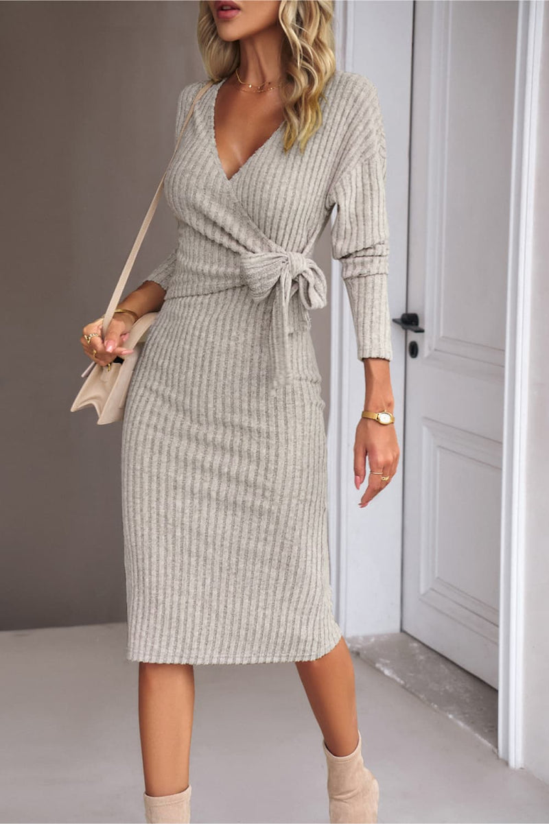 Surplice Neck Tied Ribbed Midi Dress