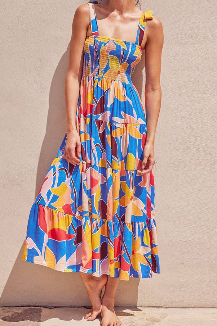 Floral Tie Shoulder Smocked Tiered Maxi Dress