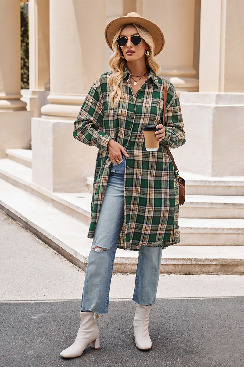 Plaid Collared Neck Long Sleeve Shirt