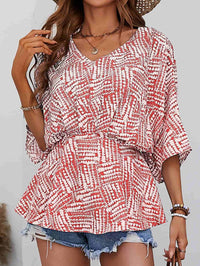 Printed V-Neck Dolman Sleeve Blouse