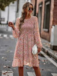 Printed Round Neck Long Sleeve Smocked Mini Dress