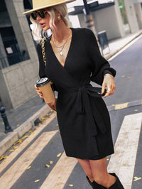 Belted Surplice Lantern Sleeve Wrap Sweater Mini Dress