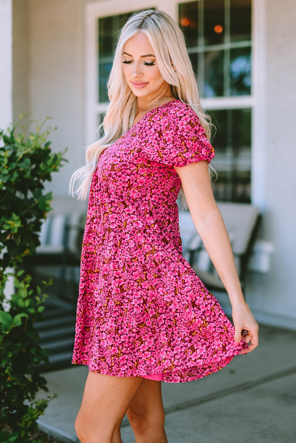 Floral V-Neck Short Sleeve Mini Dress