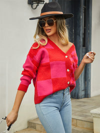 Plaid V-Neck Dropped Shoulder Cardigan Sweater