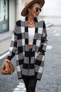 Plaid Dropped Shoulder Sweater Cardigan with Pocket