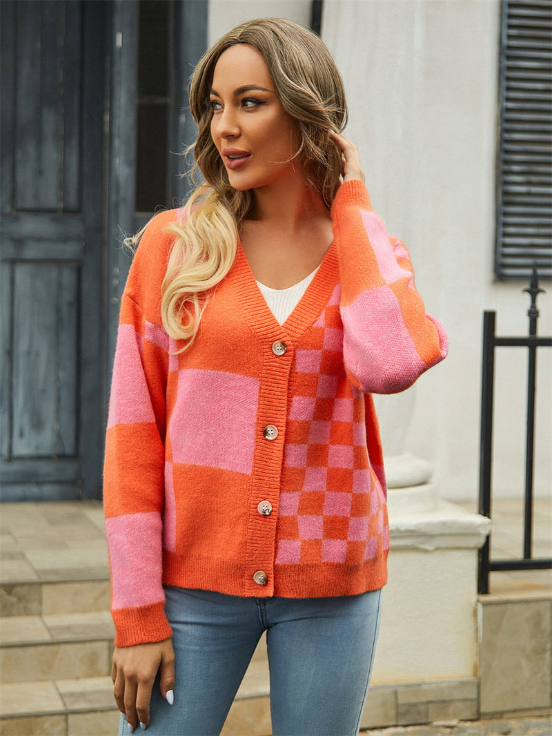 Plaid V-Neck Dropped Shoulder Cardigan Sweater