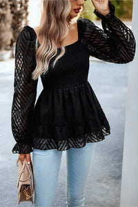 Square Neck Flounce Sleeve Peplum Long Sleeve Top