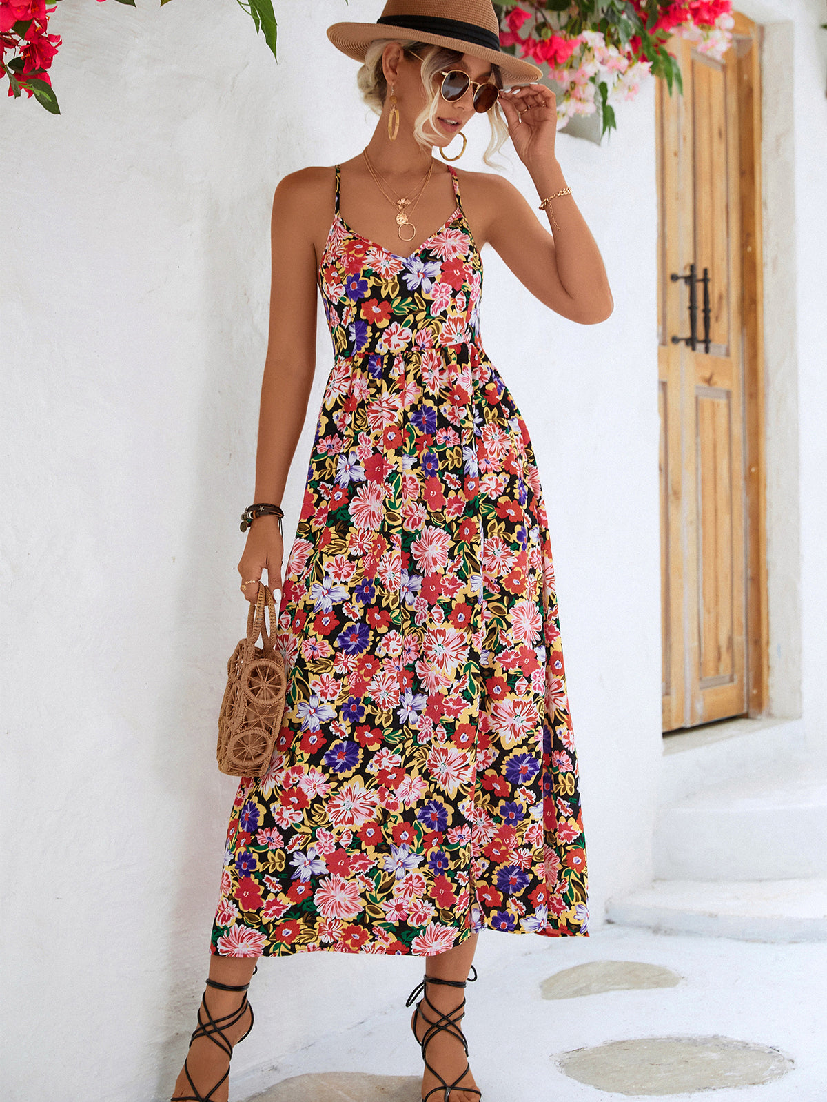 Floral Crisscross Backless Split Maxi Dress