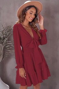 Tied Plunge Smocked Waist Flounce Sleeve Mini Dress