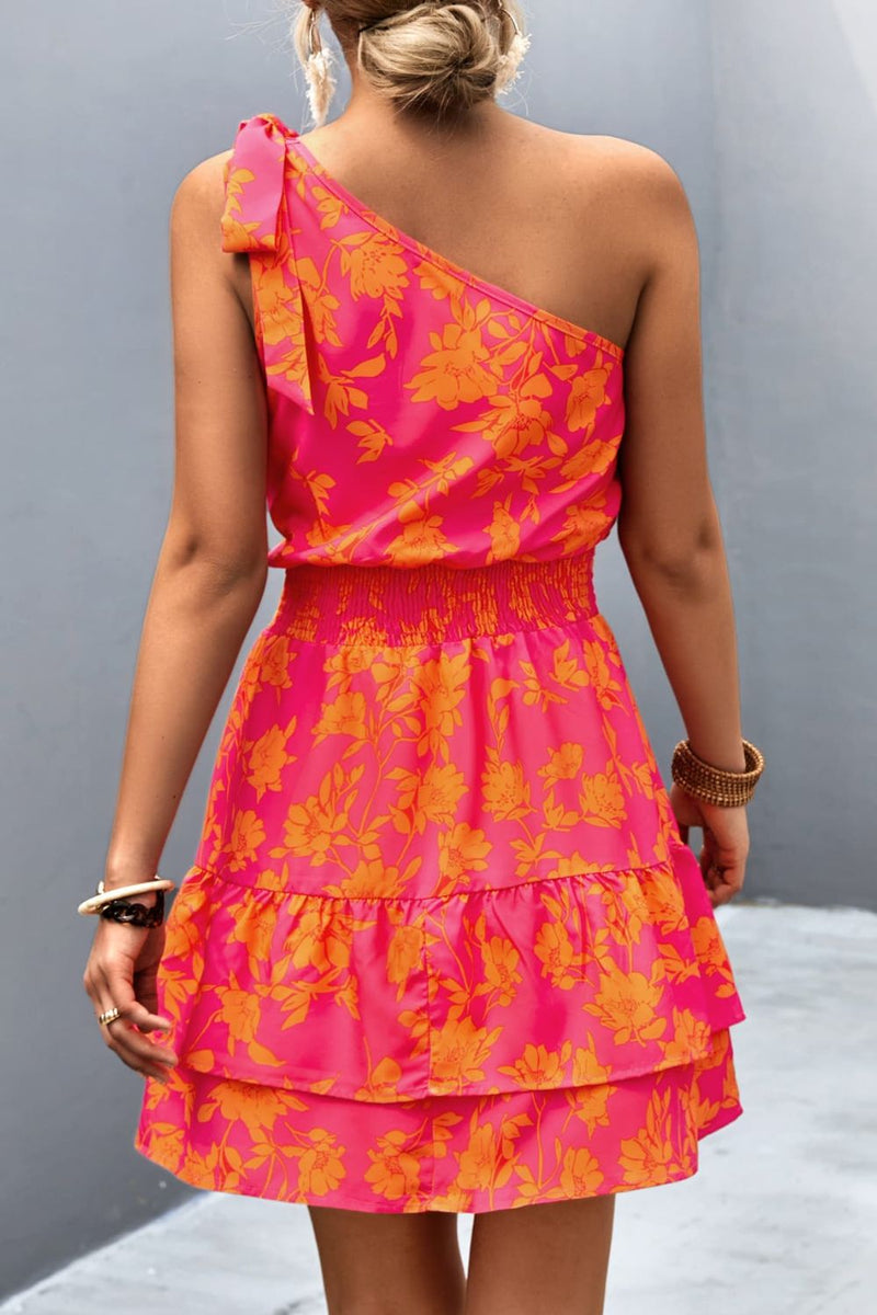 Floral Smocked Waist Tied One-Shoulder Mini Dress