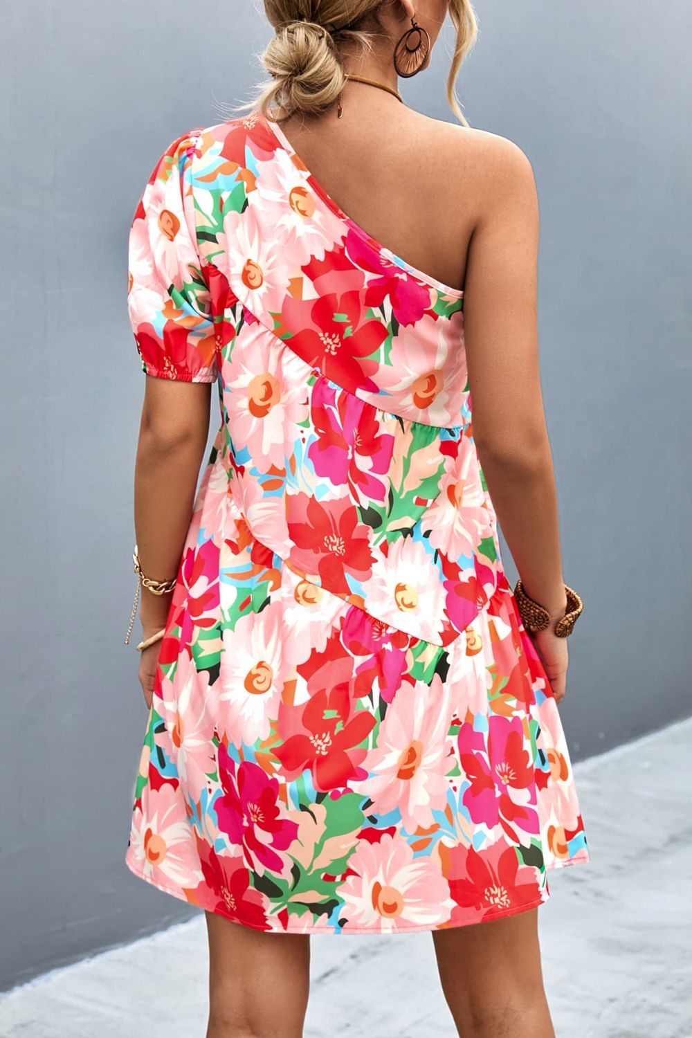 Floral One-Shoulder Puff Sleeve Mini Dress