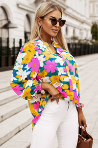 Floral Print Notched Neck Lantern Long Sleeve Blouse