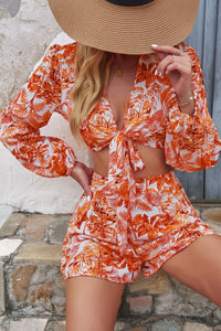 Printed Long Sleeve Cropped Top and Shorts Set