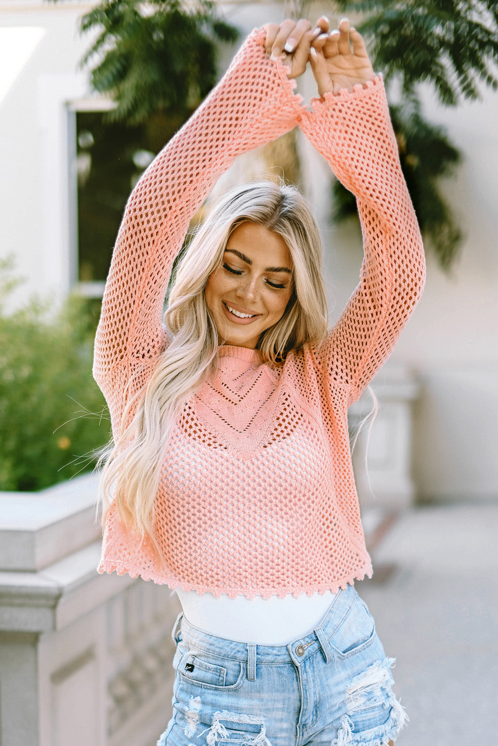 Openwork Round Neck Long Sleeve Knit Top