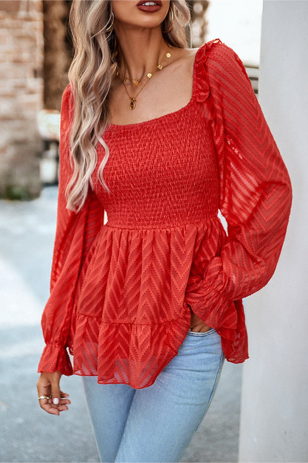 Square Neck Flounce Sleeve Peplum Long Sleeve Top