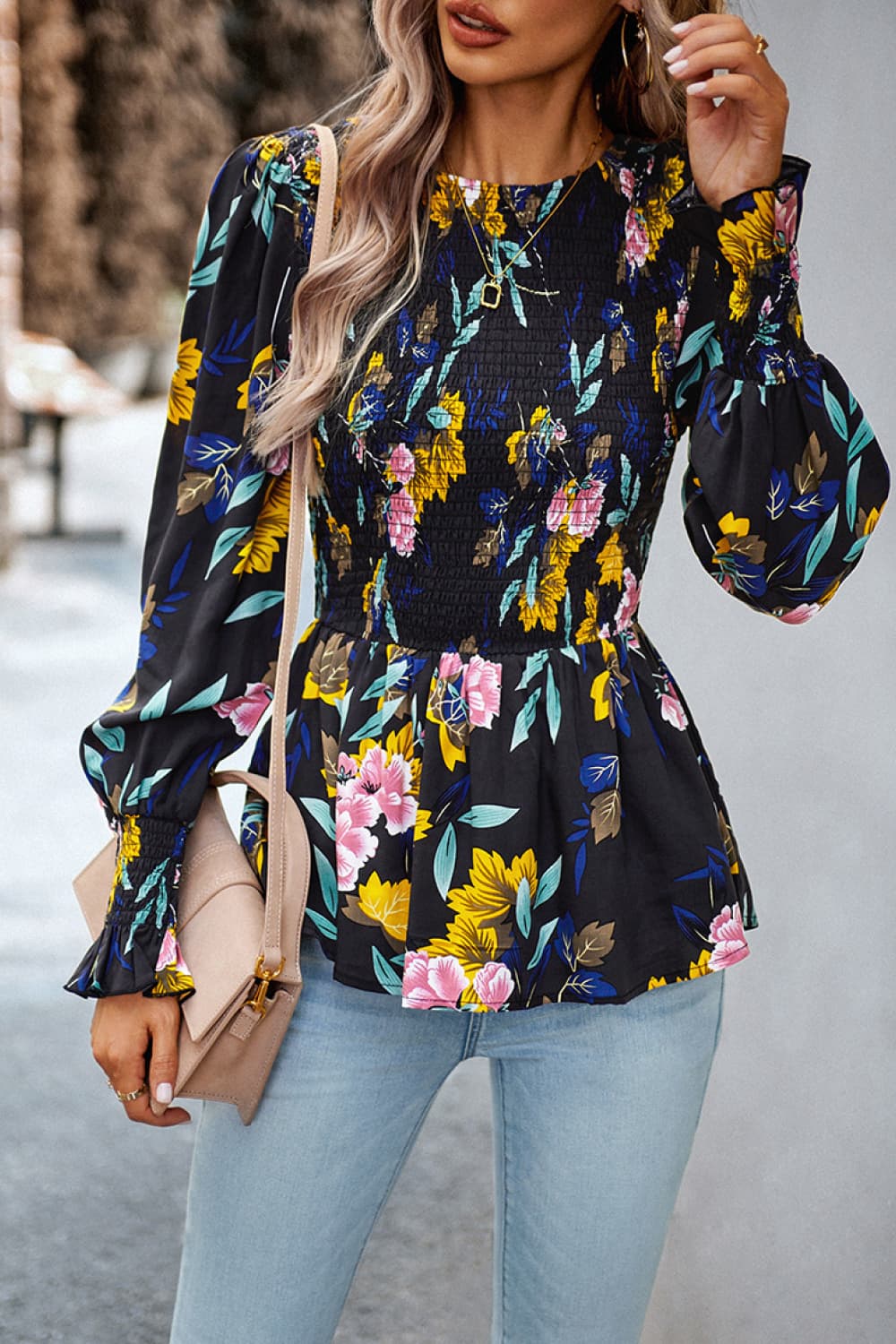 Round Neck Flounce Sleeve Peplum Long Sleeve Top